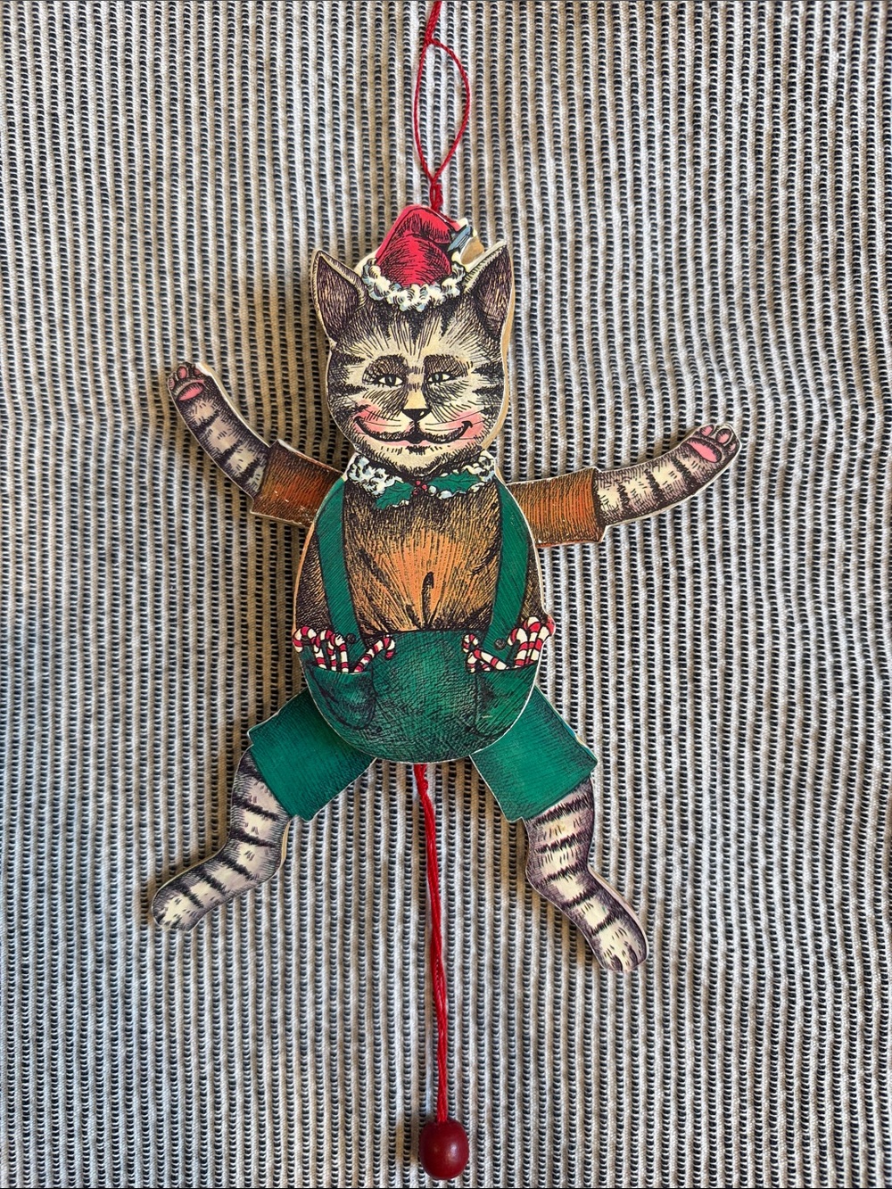 Vintage 1985 Susan Feves Wooden Jumping Jack Christmas Cat Ornament Pull Toy